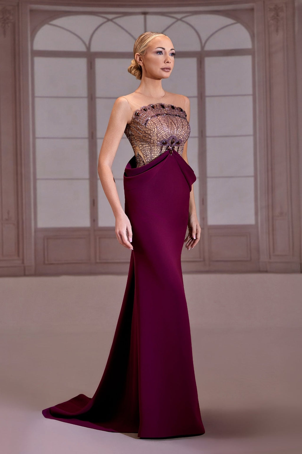 beaded peplum dress Sheer bodice with structured FP_Exclude HEEZ Men's Black Dress US Size:US40 - EU50 piece silhouette and a