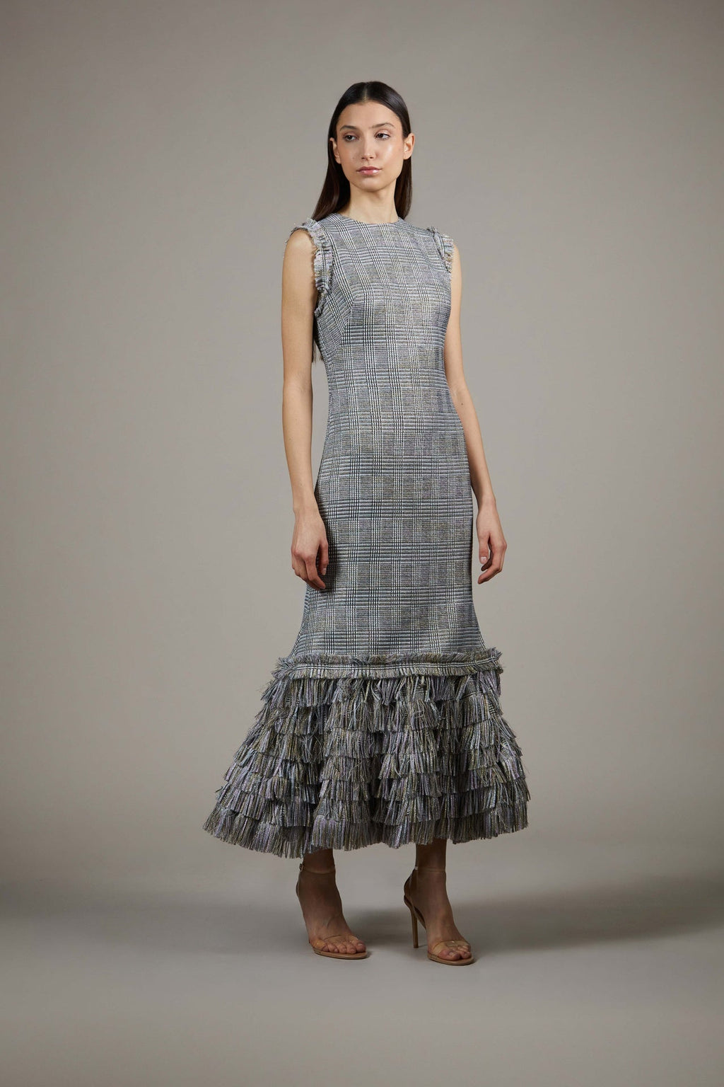 checkered knit dress with fringe Sleeveless Glen plaid tweed tiered hem Sabine fringe