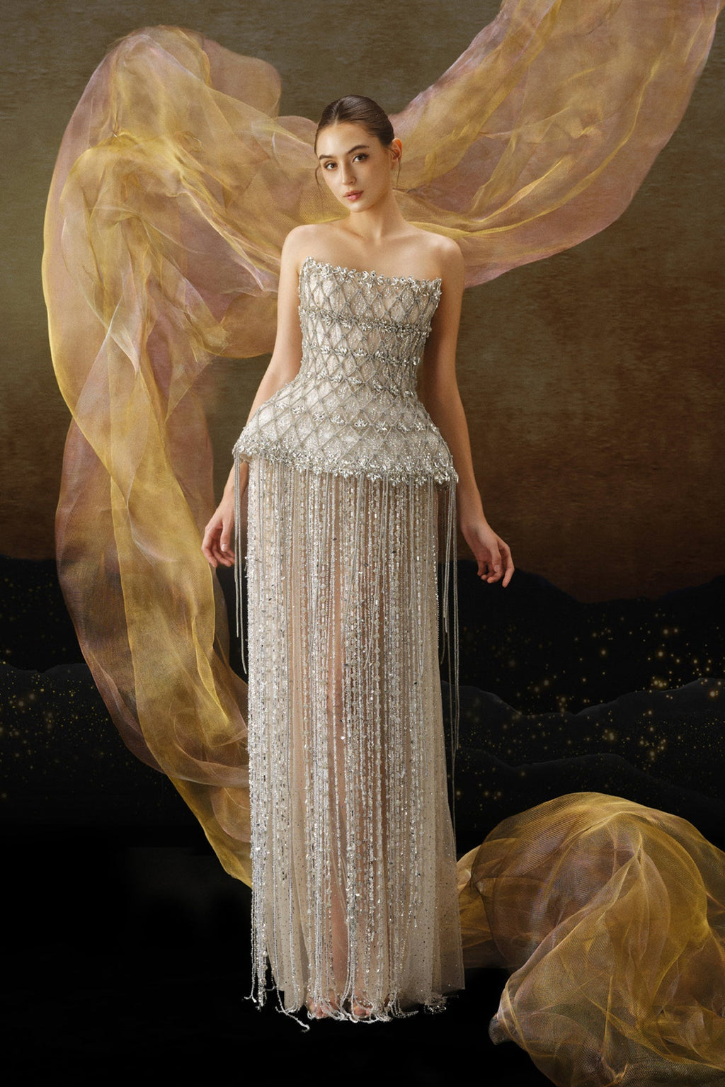 Strapless Diamond-Pattern Gown with Beaded Skirt