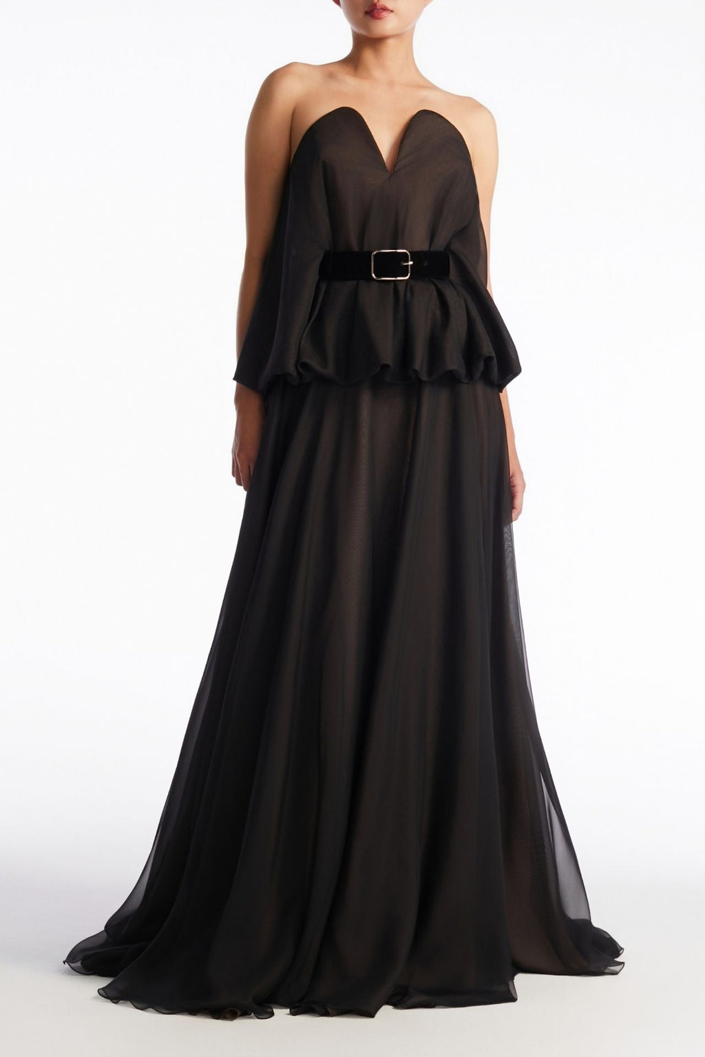 Strapless Peplum Chiffon Gown with Velvet Belt