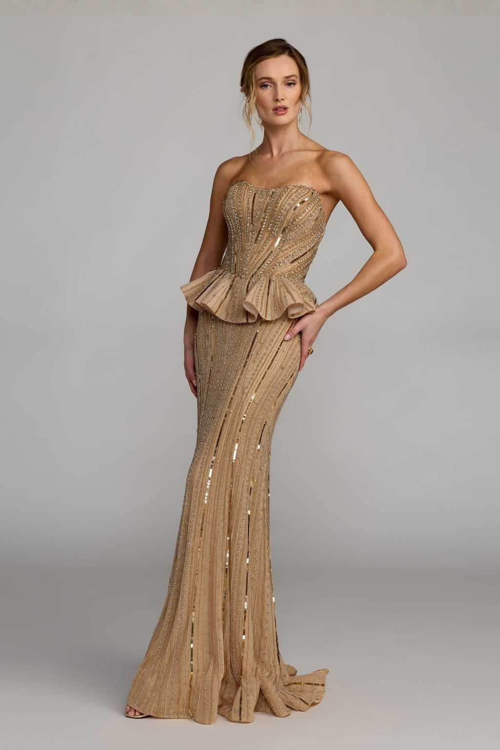 gold sequin peplum dress Mac Duggal Column Sleeveless Evening Standalone