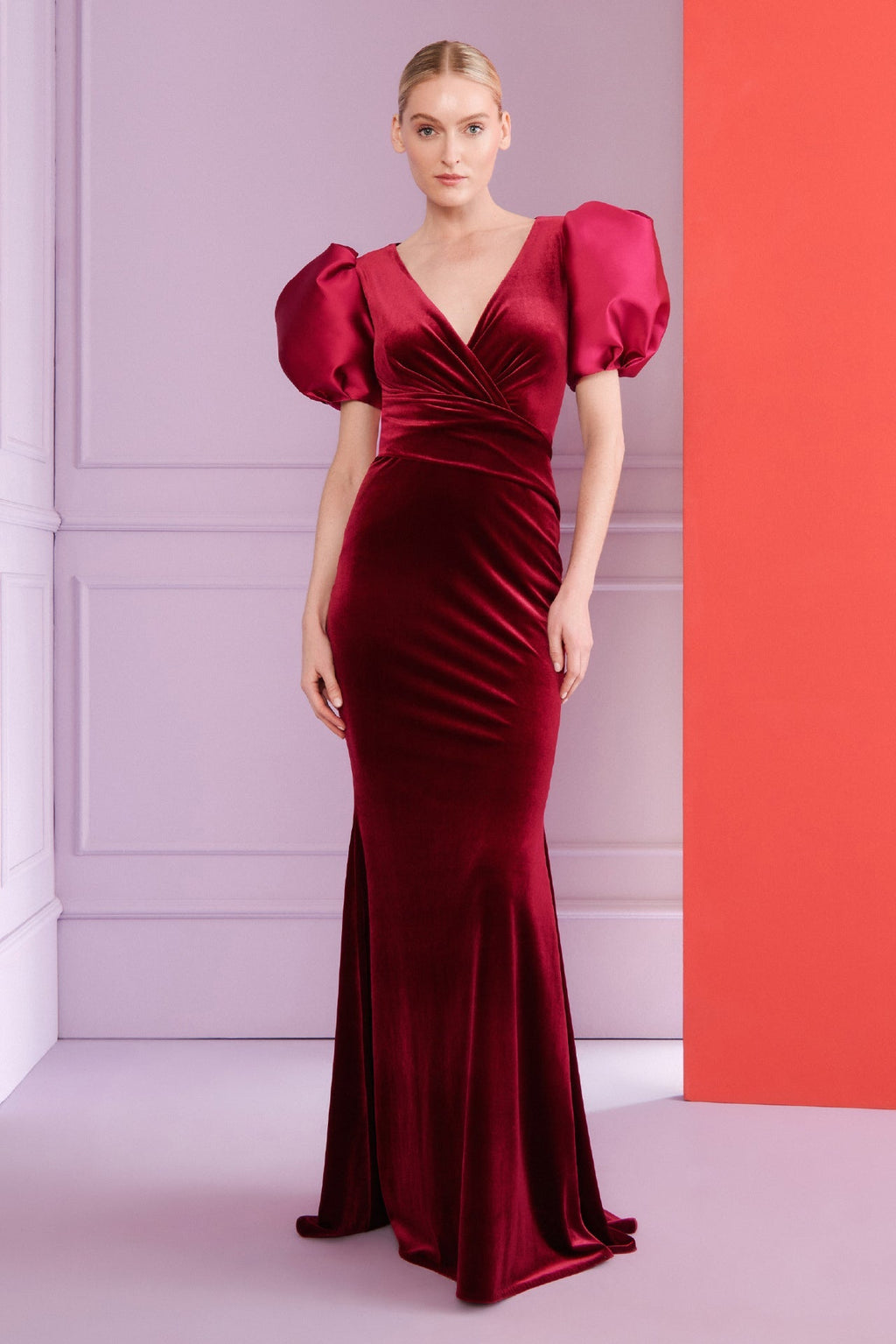 burgundy velvet mermaid dress Stretch gown with draped waist handcrafted by our seasoned sale-20250120 Blue Embroidered Flutter Sleeve Color:Bronze