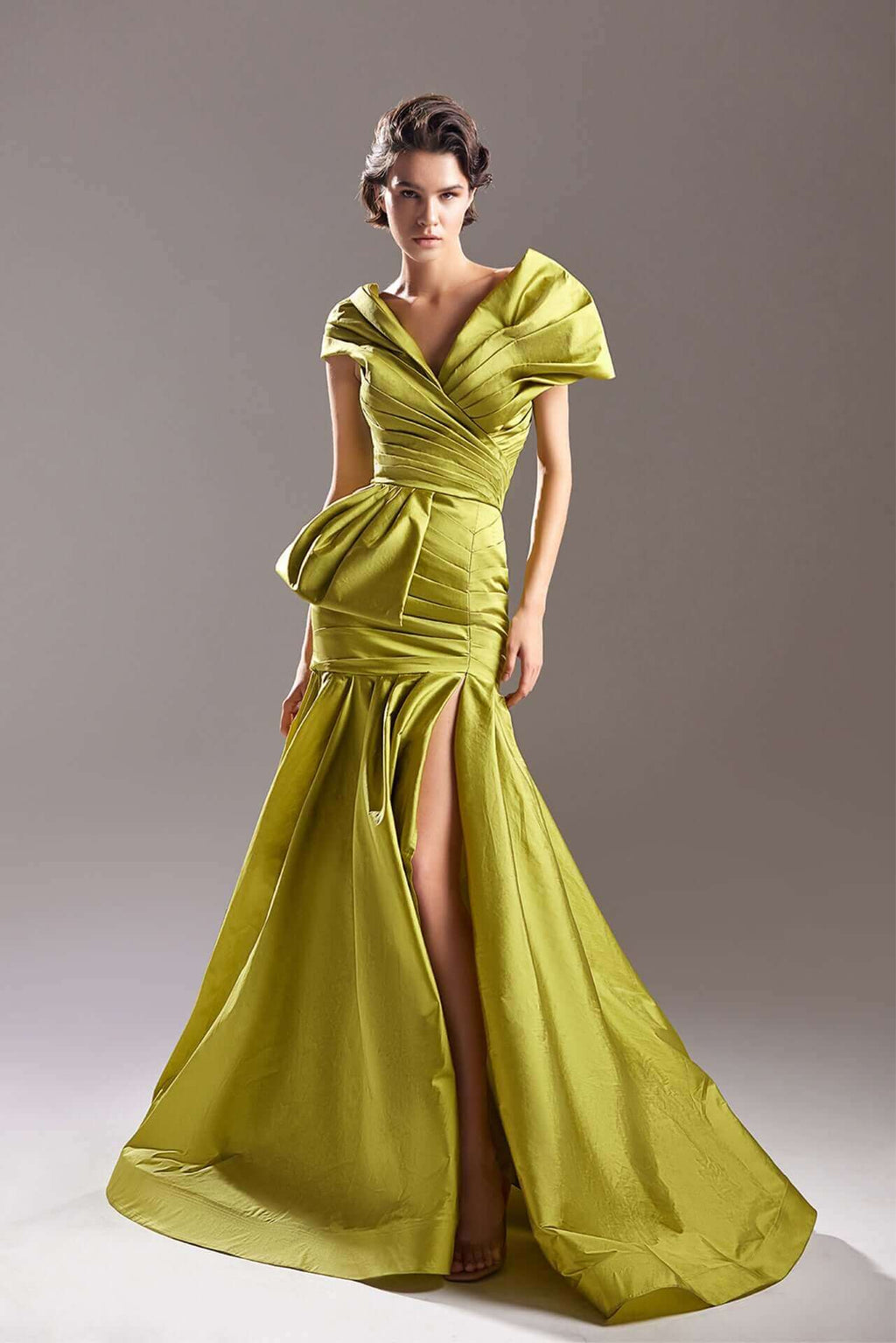 Pleated V-neck Ruffle Sheath Floor-length Dress Red