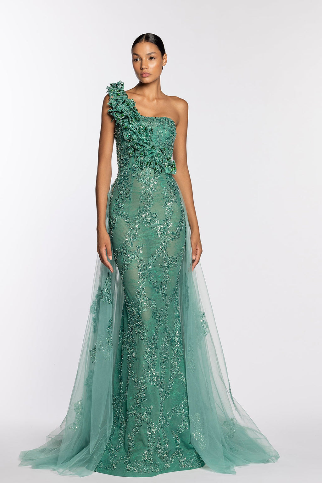 one shoulder dress emerald green Luxury One Shoulder Satin Beaded Evening Dress Emerald Green Mermaid P   Frisco Dresses