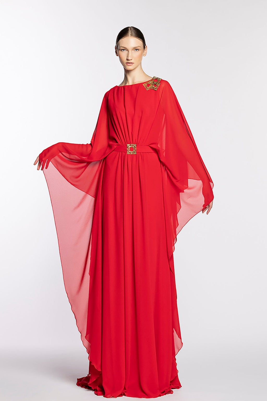 chiffon belted dress caftan style – HERTROVE Mesh chiffon Size:M-15.5 34/35 filter-collection:Pre Fall 26 Bec + Bridge Size Surplice Neckline