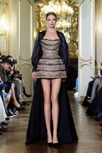 Strapless Embroidered Mini Dress with Black Lace Gold / US 12