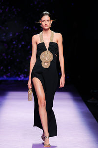 Her Trove-High slit crepe dress with gold beads