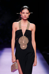 Her Trove-High slit crepe dress with gold beads