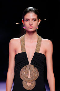 Her Trove-High slit crepe dress with gold beads