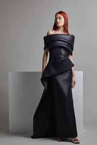 Her Trove-Off shoulder ruffled gown