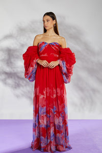 Her Trove-Exaggerated sleeves strapless printed dress