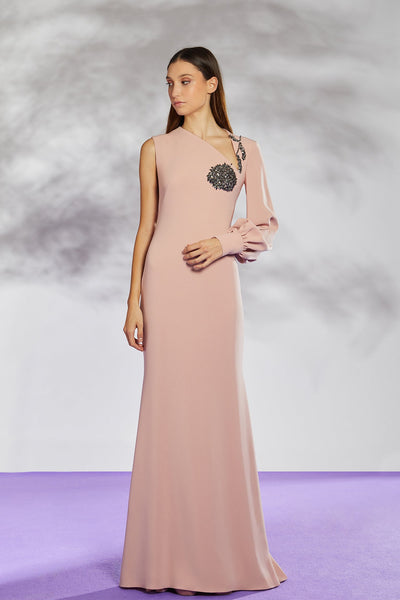 One Sleeve Crepe Dress with Embroidery Nude / US 6