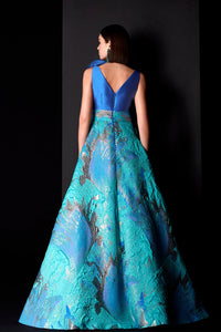 HerTrove-Plunging neckline sleeveless brocade dress