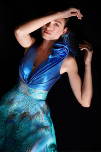HerTrove-Plunging neckline sleeveless brocade dress