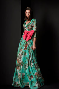 HerTrove-3/4 sleeves printed chiffon dress
