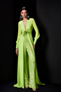 HerTrove-Deep V neck long sleeves jumpsuit with sequins