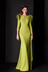 HerTrove-3/4 sleeves crepe dress with feathered shoulders