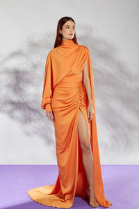 Her Trove-Closed neckline high slit satin dress
