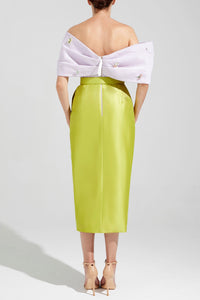 HerTrove-Taffeta midi dress with draped brocade sleeves