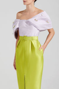 HerTrove-Taffeta midi dress with draped brocade sleeves