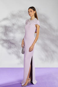 Her Trove-Short sleeves crepe dress with crystal beads