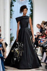 HerTrove-Off-Shoulder Onyx Gown with Embroidery