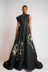 HerTrove-Off-Shoulder Onyx Gown with Embroidery