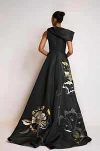 HerTrove-Off-Shoulder Onyx Gown with Embroidery