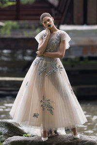HerTrove-Embroidered Tulle Gown with Pleated Train