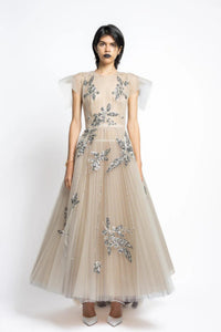 HerTrove-Embroidered Tulle Gown with Pleated Train