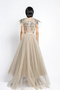 HerTrove-Embroidered Tulle Gown with Pleated Train