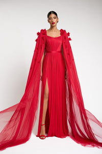 HerTrove-Strapless pleated chiffon gown, and embroidered sheer cape with shoulder drape