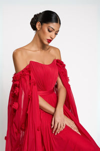 HerTrove-Strapless pleated chiffon gown, and embroidered sheer cape with shoulder drape