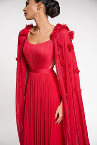 HerTrove-Strapless pleated chiffon gown, and embroidered sheer cape with shoulder drape