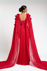 HerTrove-Strapless pleated chiffon gown, and embroidered sheer cape with shoulder drape