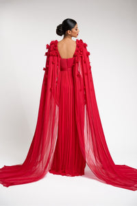 HerTrove-Strapless pleated chiffon gown, and embroidered sheer cape with shoulder drape