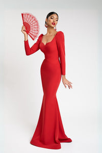 HerTrove-Fitted crepe gown with sweetheart neckline and long puffed sleeves