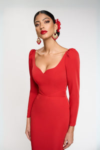 HerTrove-Fitted crepe gown with sweetheart neckline and long puffed sleeves