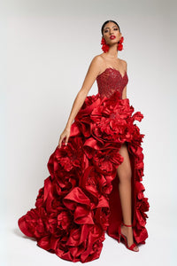 HerTrove-Beaded tulle ballgown with floral ruffle skirt