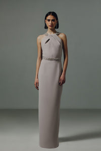 HerTrove-Halter Neck Crepe Dress With Beaded Belt