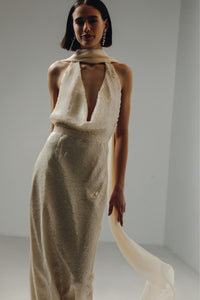 HerTrove-Fully Sequined Sleeveless Ivory Gown
