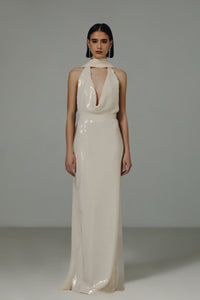 HerTrove-Fully Sequined Sleeveless Ivory Gown