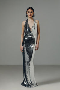 HerTrove-Fully Sequined Sleeveless Silver Gown