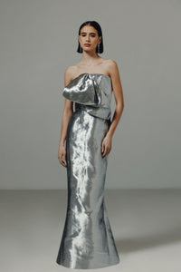 HerTrove-Strapless Metallic Bow Tie Gown