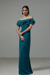 catherine regehr off the shoulder dress Off Shoulder Gown With Jagged Tulip Collar Blue / US 12