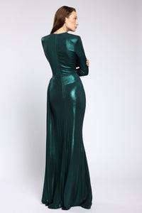 HerTrove-Long evening dress in metallic lycra with long sleeves & Cape