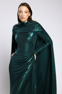 HerTrove-Long evening dress in metallic lycra with long sleeves & Cape