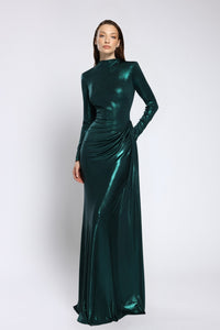 HerTrove-Long evening dress in metallic lycra with long sleeves & Cape