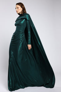 HerTrove-Long evening dress in metallic lycra with long sleeves & Cape