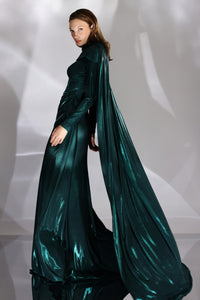 HerTrove-Long evening dress in metallic lycra with long sleeves & Cape